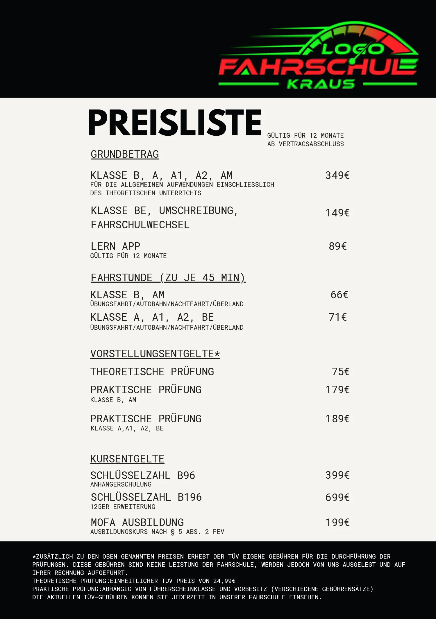 LOGO Fahrschule Kraus – Preisliste 2026